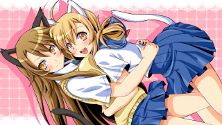 Anime girls hugging pink room - furry free wallpaper