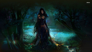 Woman dark dress forest stream - dark fantasy art free wallpaper