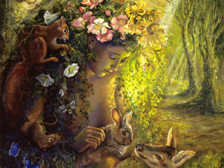 Woman animals forest flowers hair - evelyn de morgan free wallpaper