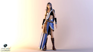 Woman blue dress brown belt - epic fantasy character art free wallpaper