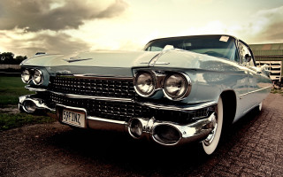 Classic car brick road building - vintage free wallpaper