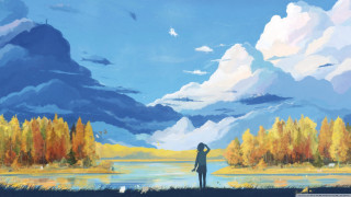 Person lake trees background clouds - a painting of a person free wallpaper