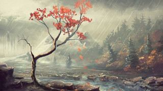 Tree rocky river mountain falling - a painting of a tree free wallpaper