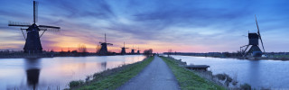 River path windmills sunset dawn - a path free wallpaper
