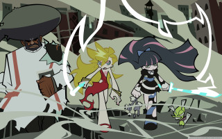 Cartoon group people walking city - a sword and a woman free wallpaper