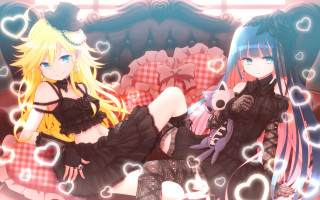 Anime girls couch hearts teddy - heart free wallpaper