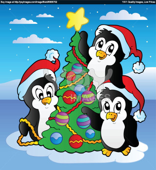 Penguin family christmas tree decorating - naive free wallpaper
