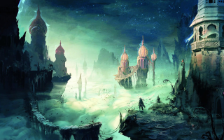 Fantasy city sky man standing - matte fantasy painting free wallpaper