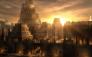 City tall buildings sunset birds - over the city free wallpaper