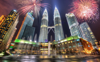 Fireworks city skyline night skyscrapers - city background free wallpaper