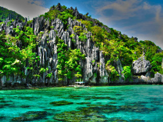 Boat rocky island trees beach - near free wallpaper