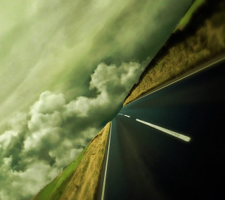 Road green field cloudy sky - matte painting free wallpaper