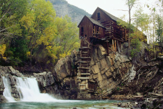 Waterfall wooden cabin waterfall cascading - andy goldsworthy free wallpaper