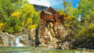 Wooden structure cliff river waterfall 2 - underneath free wallpaper