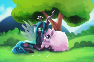 Cartoon pony laying tree cat - the ground next free wallpaper