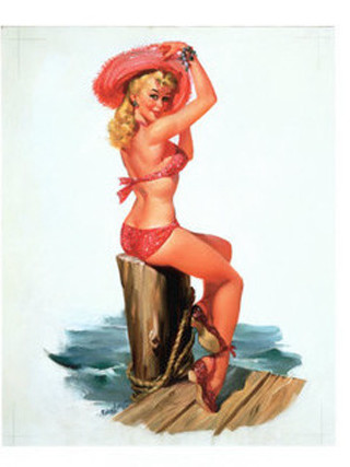 Woman red bikini hat sitting - kitsch movement free wallpaper