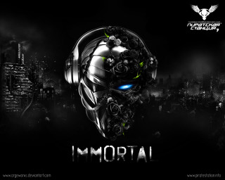 Robot headphones black white photo - face and the words free wallpaper
