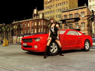 Woman red car city night - palm tree and buildings free wallpaper