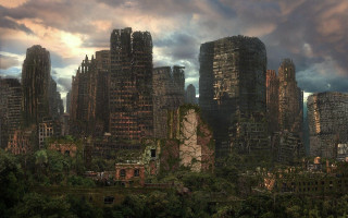 Afrofuturism cityscape train tallbuildings cloudy - matte painting concept art free wallpaper
