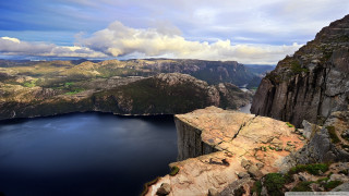 Lake mountains clouds cliff scenery - a matte painting free wallpaper