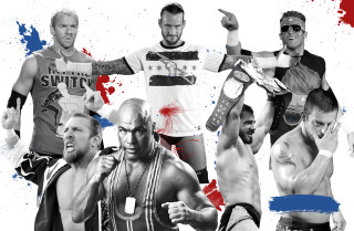 Wrestlers arms in air collage - paint splatter free wallpaper