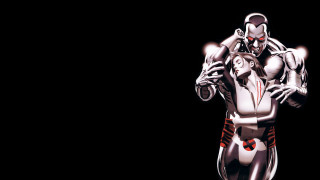 Futuristic woman robot gun suit - a man in the background free wallpaper