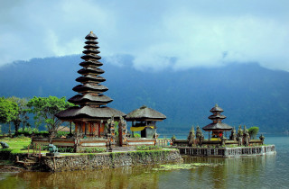 Lake pavilion mountain cloudscape architecture - beautiful landscape free wallpaper