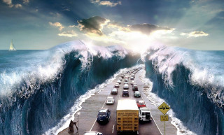Crashing wave road cars person - car free wallpaper