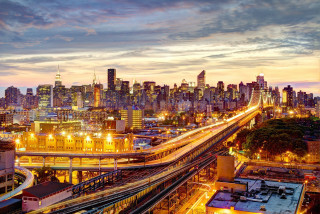 City skyline train tracks dusk - dusk free wallpaper