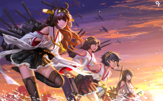 Anime girls sunset guns ship - gun free wallpaper