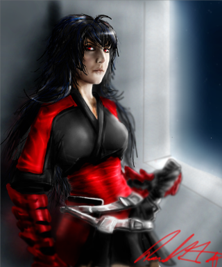 Woman red black outfit knife - red eye free wallpaper