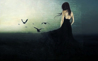 Woman black dress birds flying 2 - somber free wallpaper