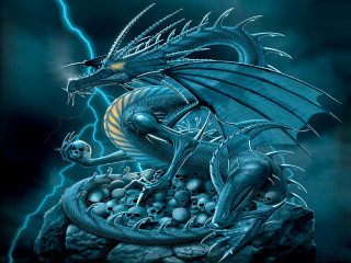 Blue dragon skulls bones rock - dragon art free wallpaper