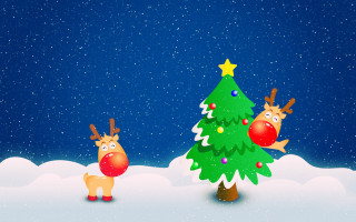 Christmas tree reindeers snow star - naive art free wallpaper for desktop