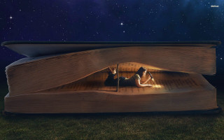 Woman reading book night light - surreal photography free wallpaper