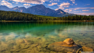 Lake mountain rock clouds sunset - bob ross free wallpaper