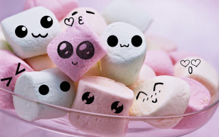 Marshmallows with faces hearts eyes - pop surrealism free wallpaper