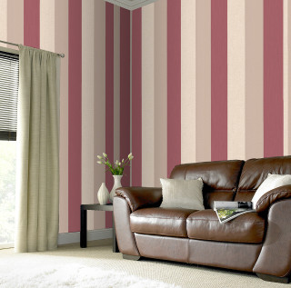 Living room brown leather couch - striped free wallpaper