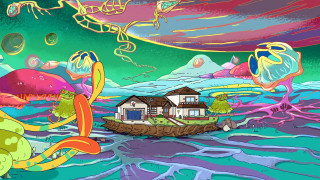 House colorful landscape fish octopus - neofauvism free wallpaper