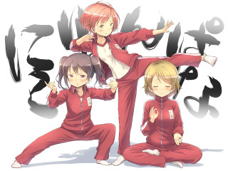 Yoga red outfits arms up - their leg free wallpaper