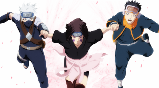 Anime characters jumping arms outstretched - a pink scarf free wallpaper