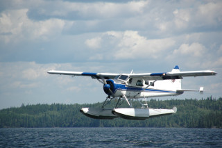 Small plane water trees cloudy - over a body of water free wallpaper