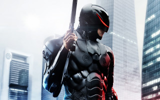 Futuristic man suit gun city 6 - skyscraper free wallpaper