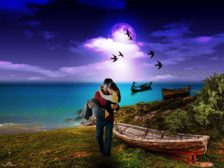 Man woman walking boat shore - romantic free wallpaper