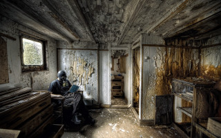 Man sitting room window desk - autodestructive art free wallpaper