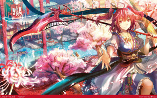 Woman sword field flowers trees - overhead in the background free wallpaper