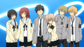 Anime characters group blue background 20 - a white heart free wallpaper