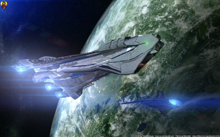Spaceship flying green planet blue - a space ship free wallpaper