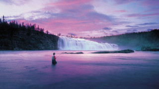 Man river waterfall sunset pink - impressionist free wallpaper