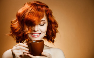 Woman red hair coffee smile - carla wyzgala free wallpaper